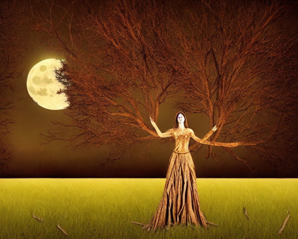 Woman in tree-like gown under full moon in surreal landscape