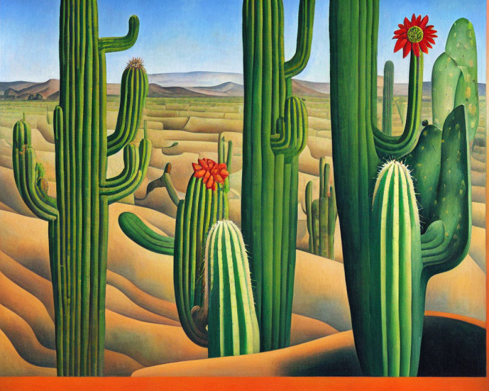 Colorful cactus painting in desert landscape with red flowers