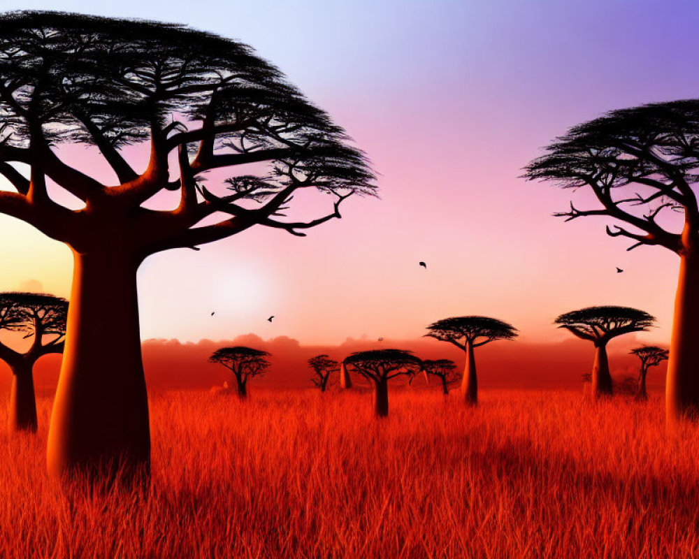 Silhouetted baobab trees in African savanna sunset with vibrant pink and orange sky