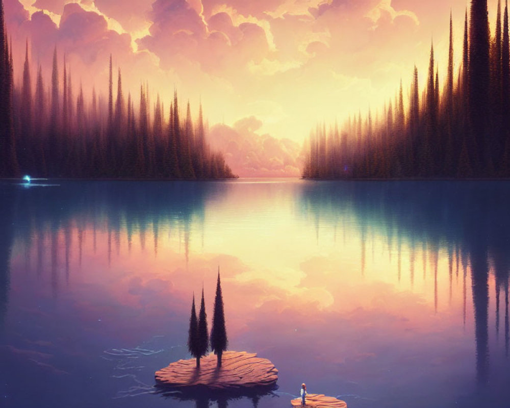 Tranquil Lake at Dawn or Dusk with Pine Trees