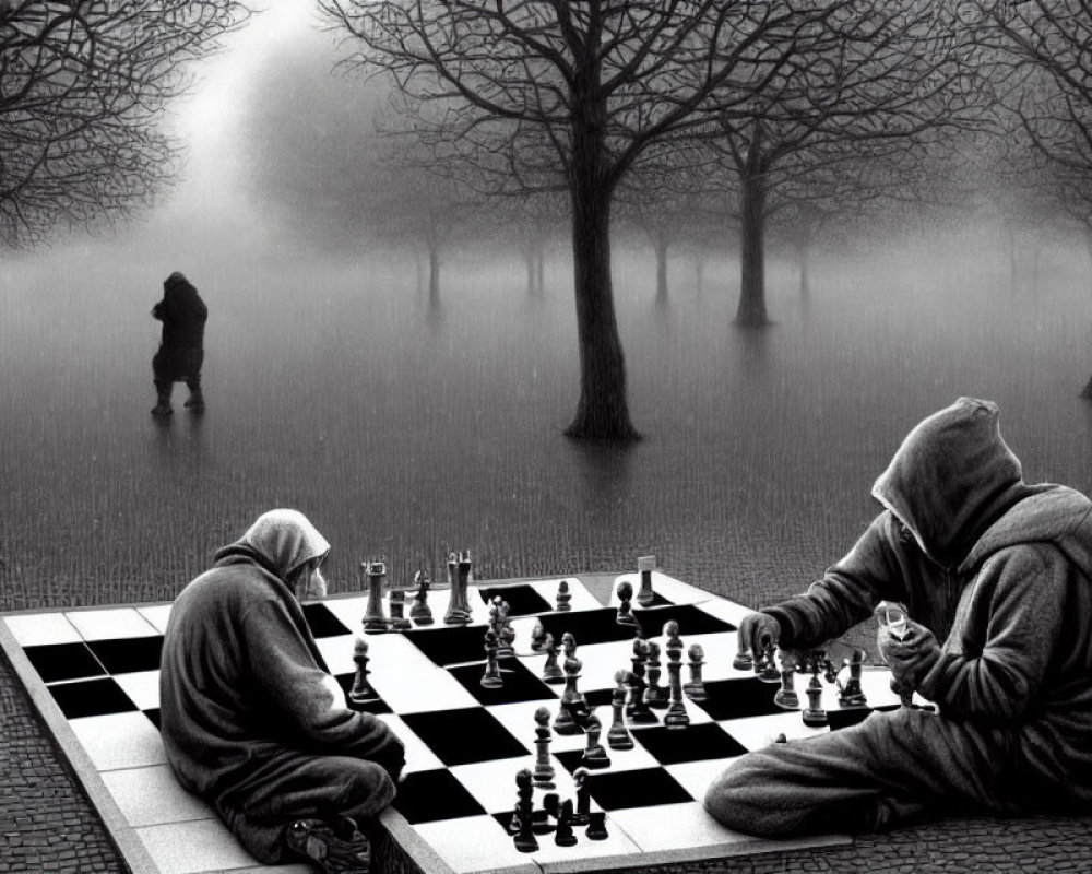 Two people in hoodies playing chess on giant board in foggy, tree-lined area