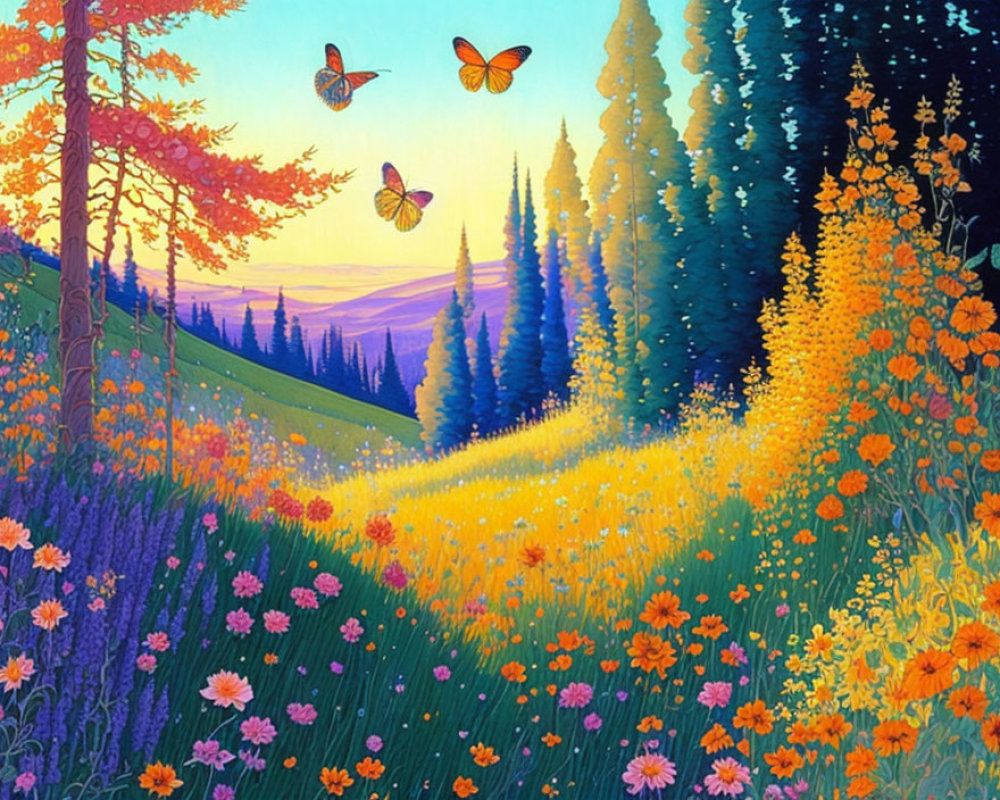 Colorful Meadow Landscape with Trees, Flowers, Butterflies, and Sunset