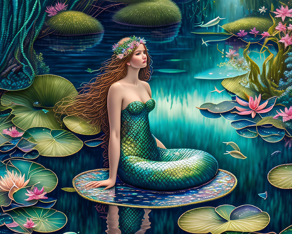 Mermaid with Long Hair on Lily Pad in Mystical Pond