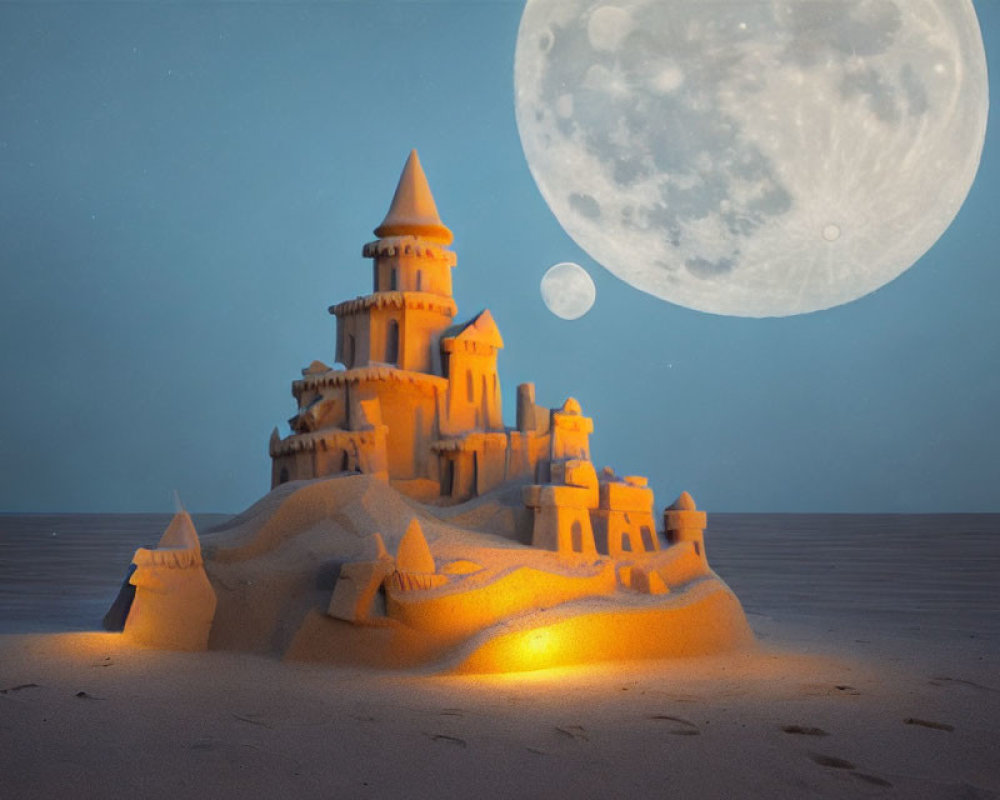 Intricately sculpted sandcastle on beach under full moon