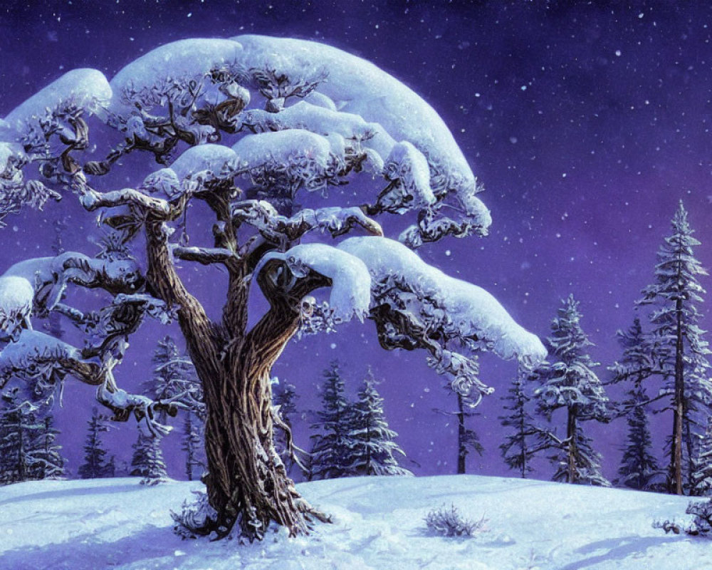 Snow-covered tree in serene winter night with full moon