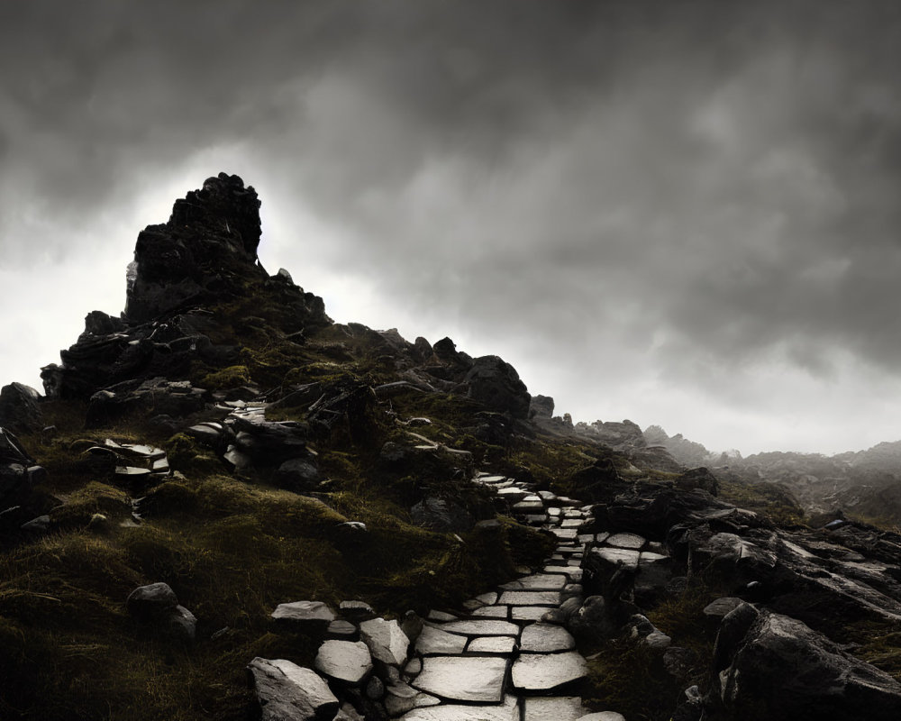 Dramatic mountain scene with rocky path and towering crag