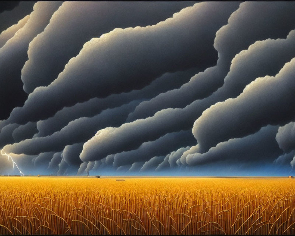 Dramatic storm clouds over golden wheat field with lightning bolt