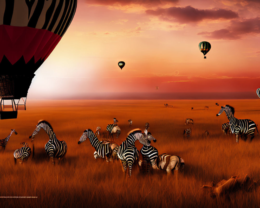 Zebras on orange savannah with hot air balloons at sunset