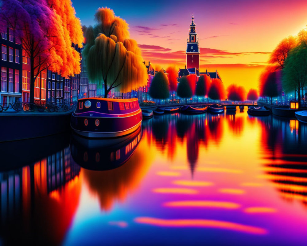 Scenic sunset over canal with reflections, colorful trees, boat, and church tower.