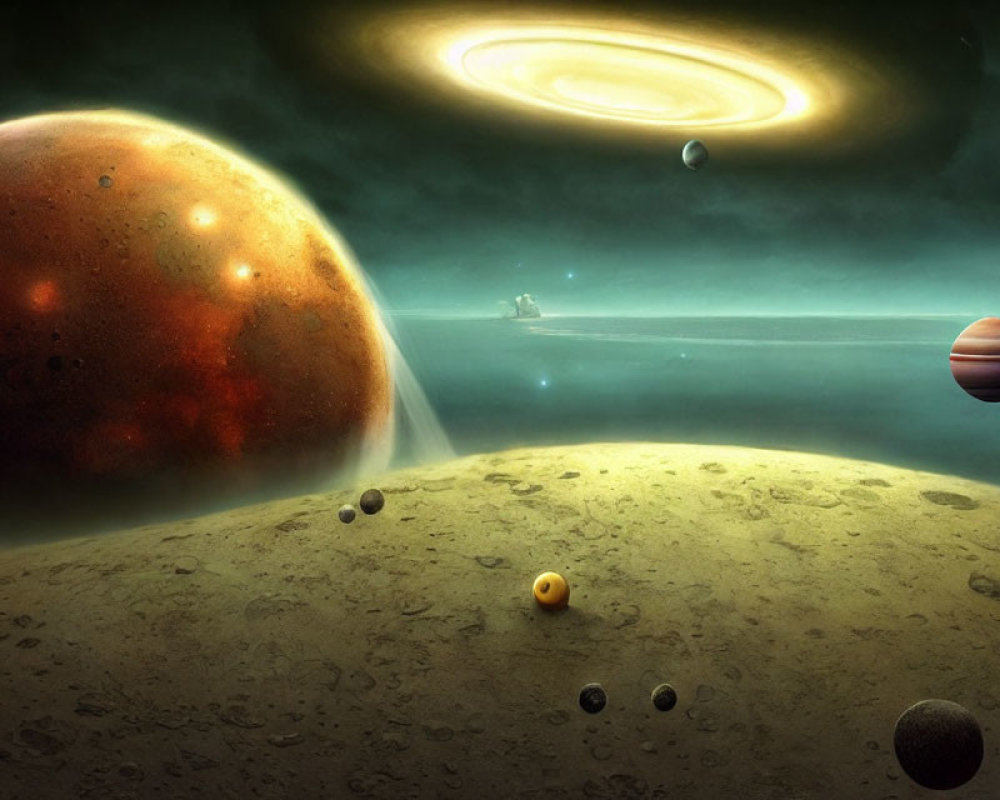 Large Red Planet, Moons, Star with Rings, Nebula, Spaceship in Space