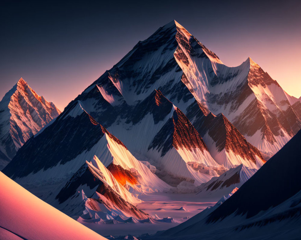 Snow-capped mountain peaks at sunset with contrasting shadows.