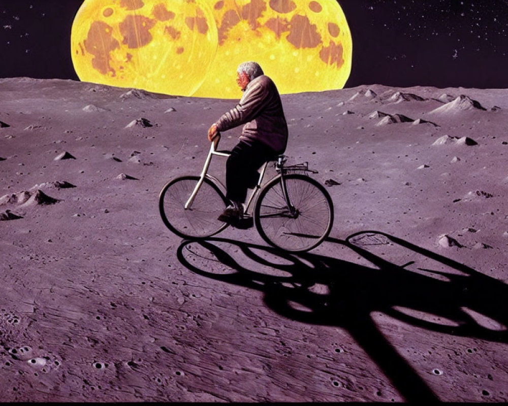 Elderly Person Riding Bicycle on Lunar Surface with Yellow Moon