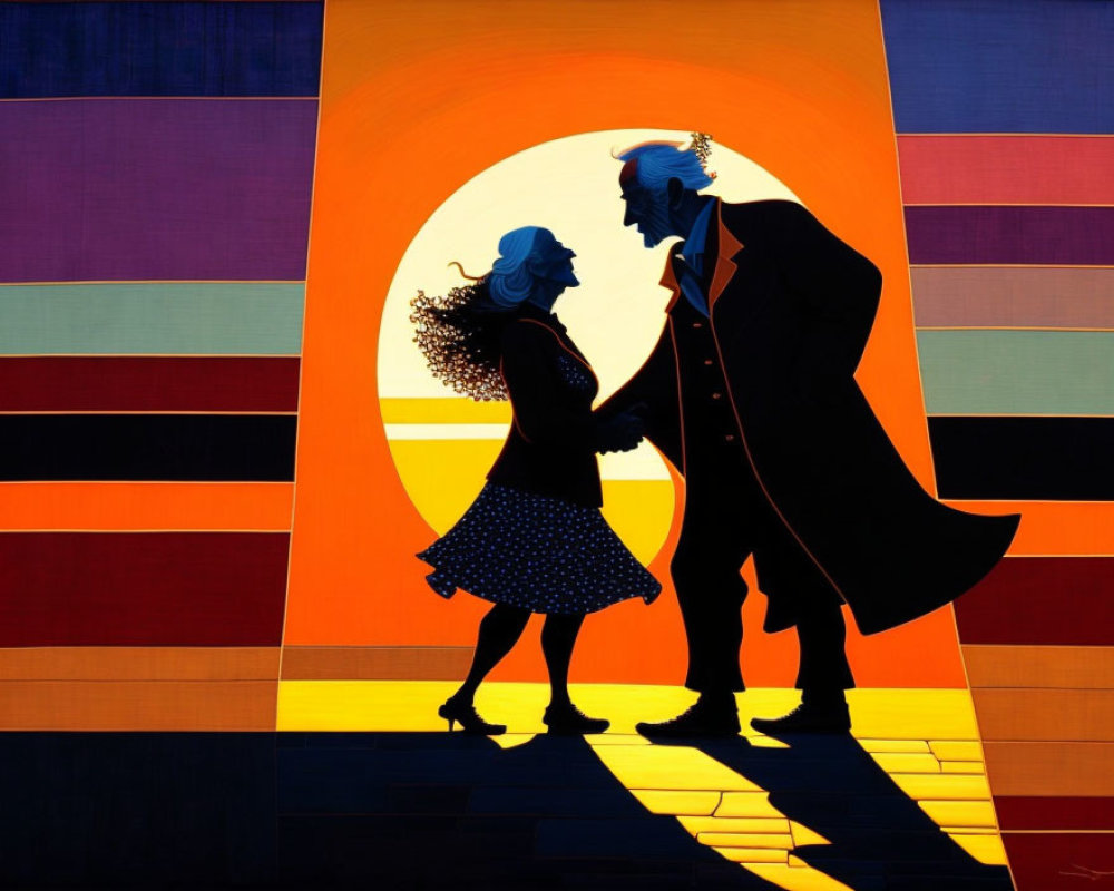 Colorful painting of two silhouetted figures holding hands under a large orange sun.