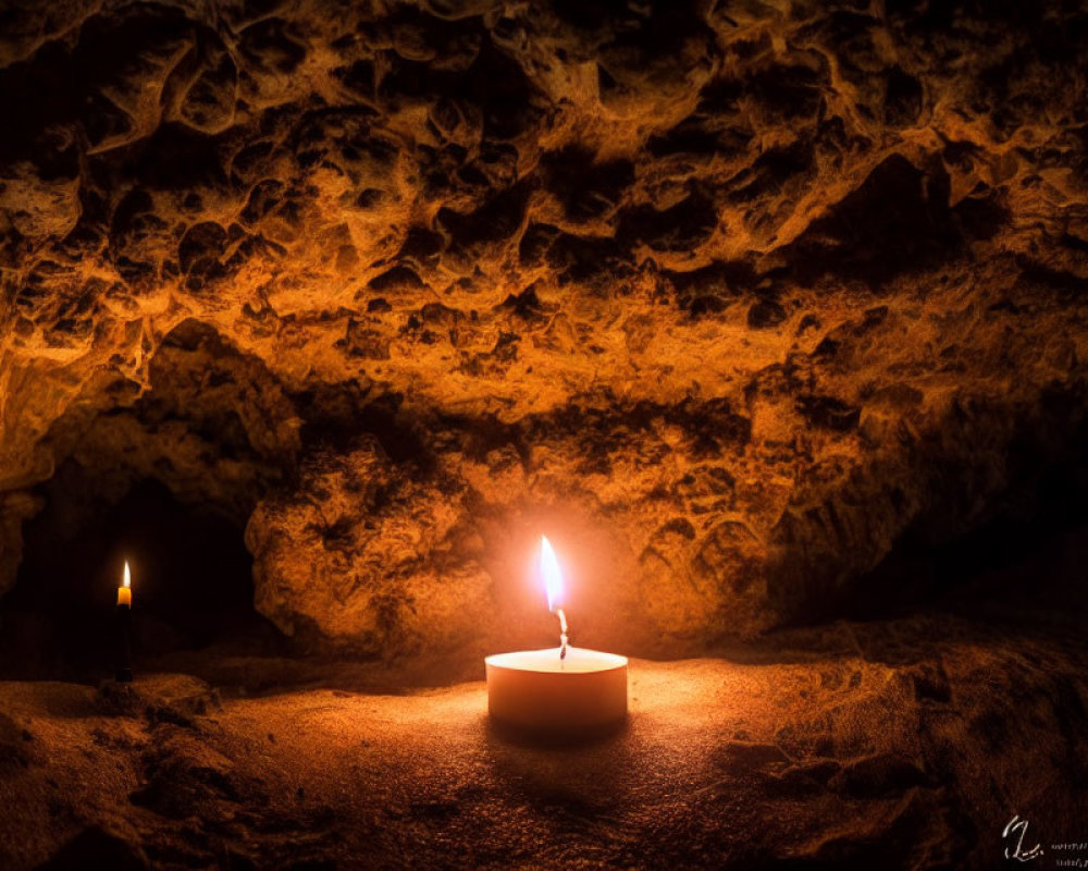 Warmly glowing tea candle in dark cave with textured stone walls