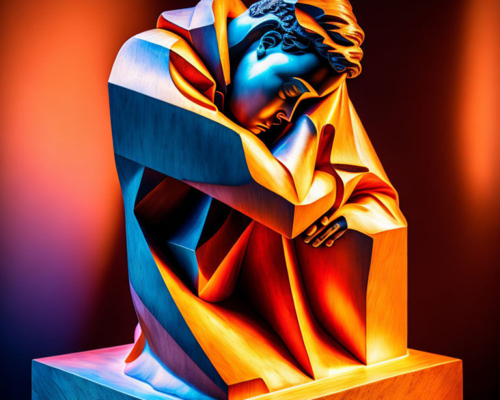 Colorful Sculpture of Contemplative Figure in Flowing Robes