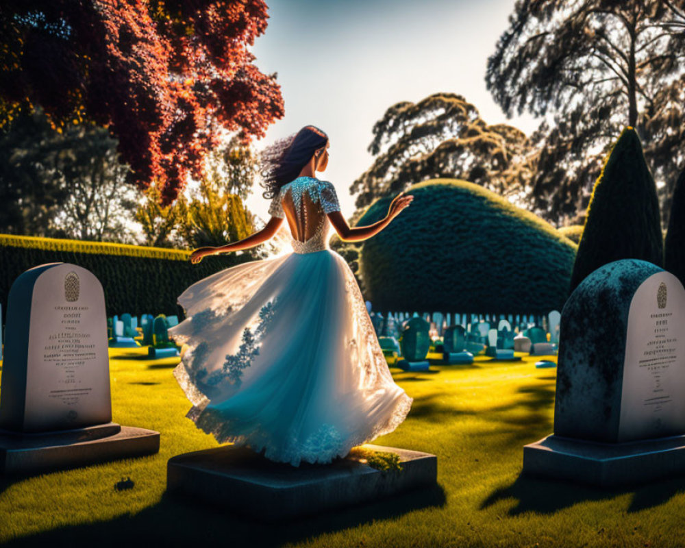 Woman in white dress twirls in lush cemetery with sunlight filtering through trees