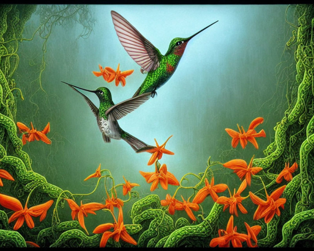 Vibrant orange flowers with hovering hummingbirds amid green foliage