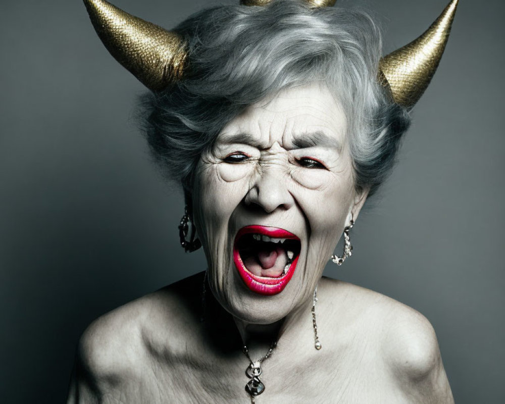 Elderly woman with spiked golden horns snarling in necklace, grey backdrop