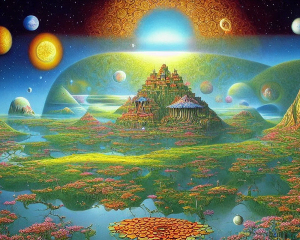 Fantasy landscape with temple, floating islands, lotus, and celestial bodies