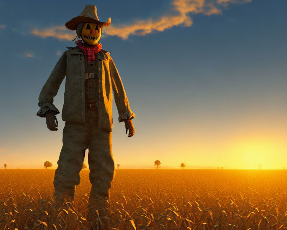 Scarecrow in cornfield at sunset with pumpkin head