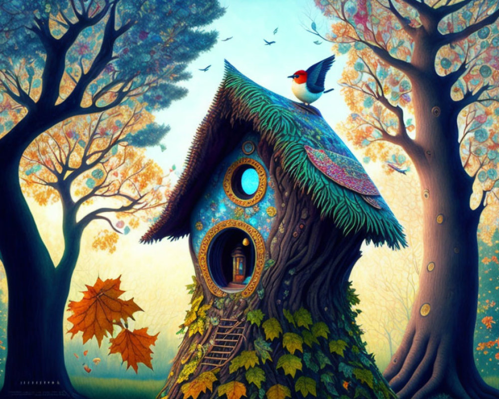 Colorful Birdhouse in Vibrant Forest with Red-Capped Bird