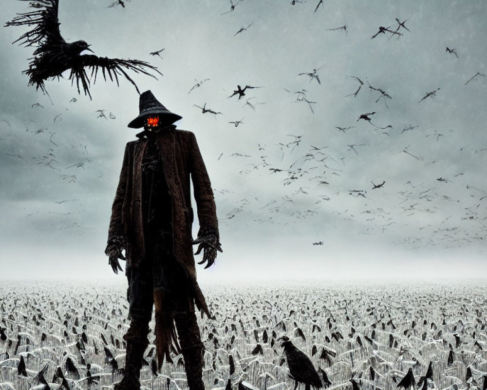 Glowing red-eyed scarecrow in desolate field under stormy sky