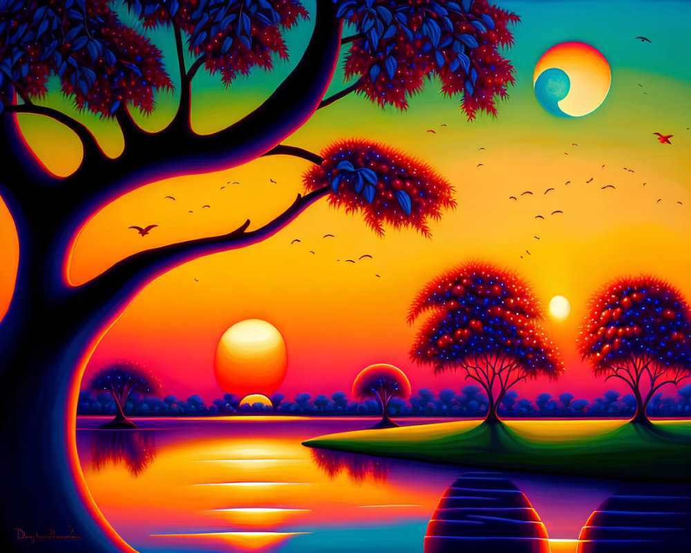 Colorful surreal landscape with trees, sunset, moon, and water reflections