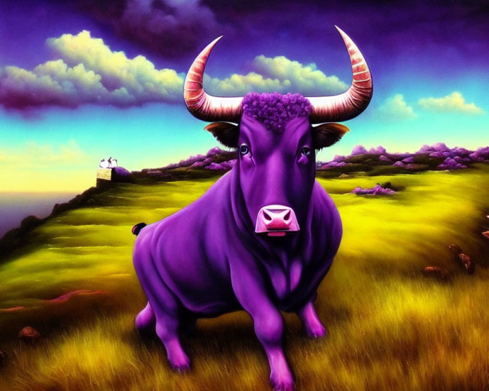 Colorful surreal landscape with vibrant purple bull and dramatic sky