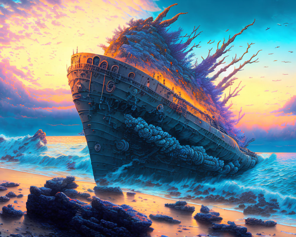 Sunset shipwreck surrounded by coral and marine life on beach.