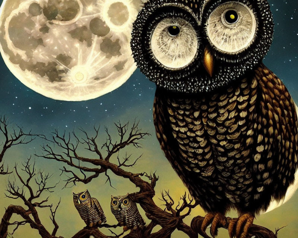 Large Owl with Striking Eyes on Branch, Two Small Owls, Full Moon, Starry Sky