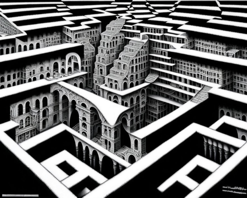 Monochromatic Escheresque labyrinth with impossible architecture.