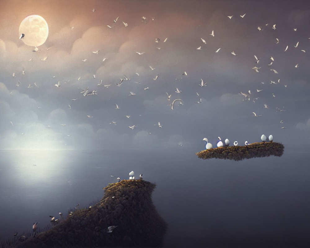 Fantastical dusk landscape with full moon, floating islands, birds, and tranquil water.