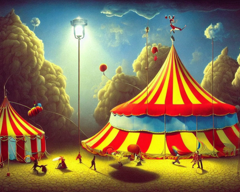 Colorful Circus Scene with Striped Tents, Performers, Balloons, and Streetlamp