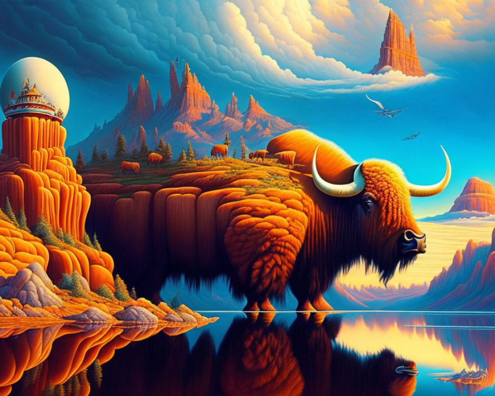 Surreal landscape with bison-like creatures and futuristic structures
