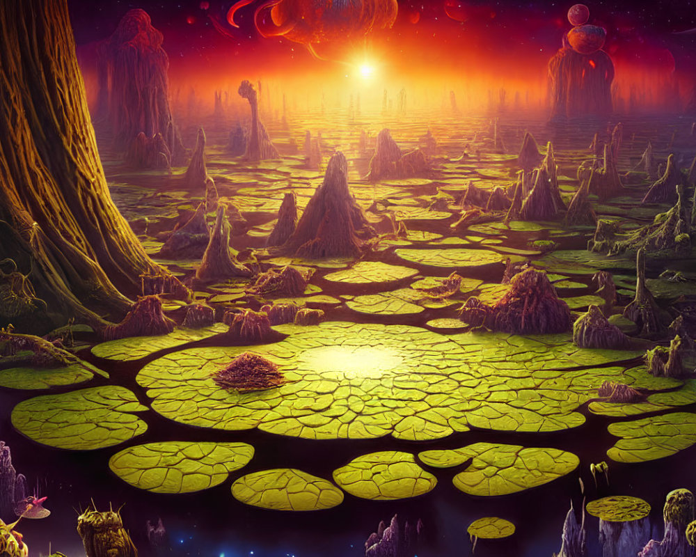 Fantastical swamp scene with giant lily pads under surreal sky