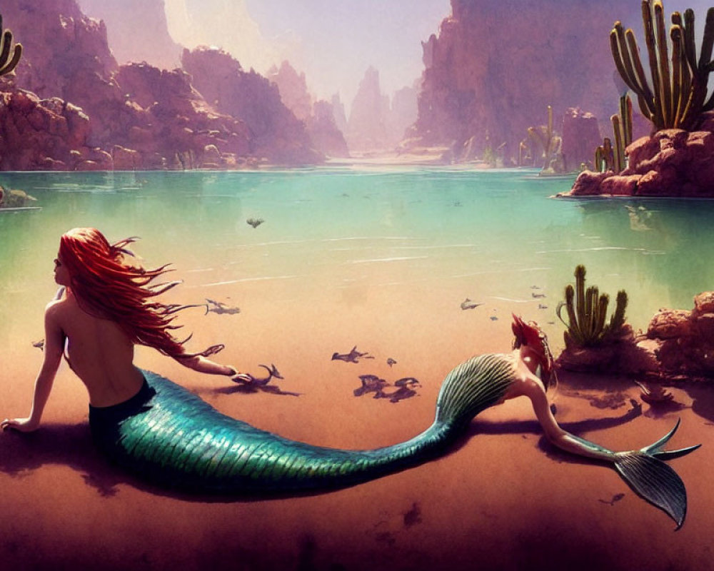 Red-haired mermaid with green tail at desert oasis with cacti and fish.