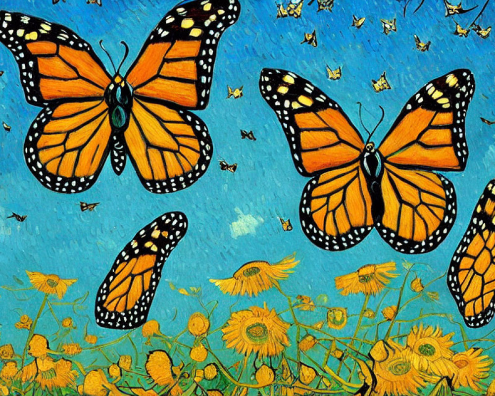 Colorful painting of Monarch butterflies over yellow dandelions under a starry sky