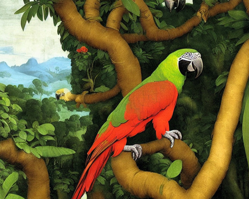 Colorful parrot perching in lush forest with green leaves and another bird.