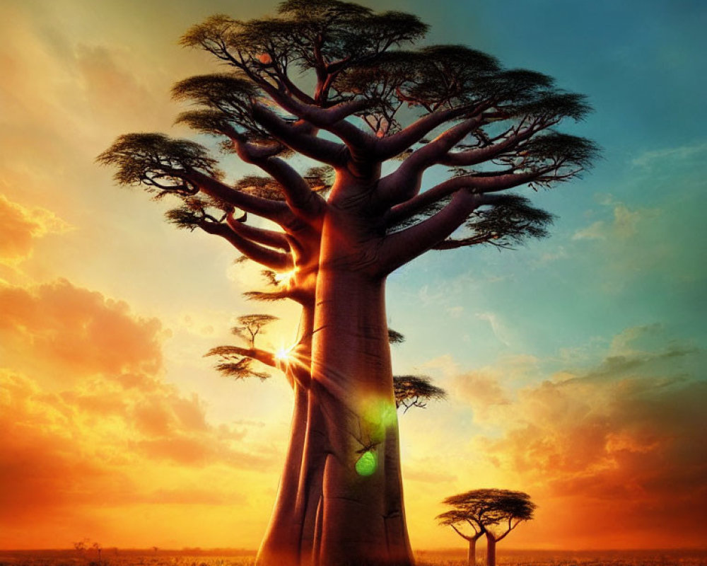 Majestic baobab tree in African savannah at sunset