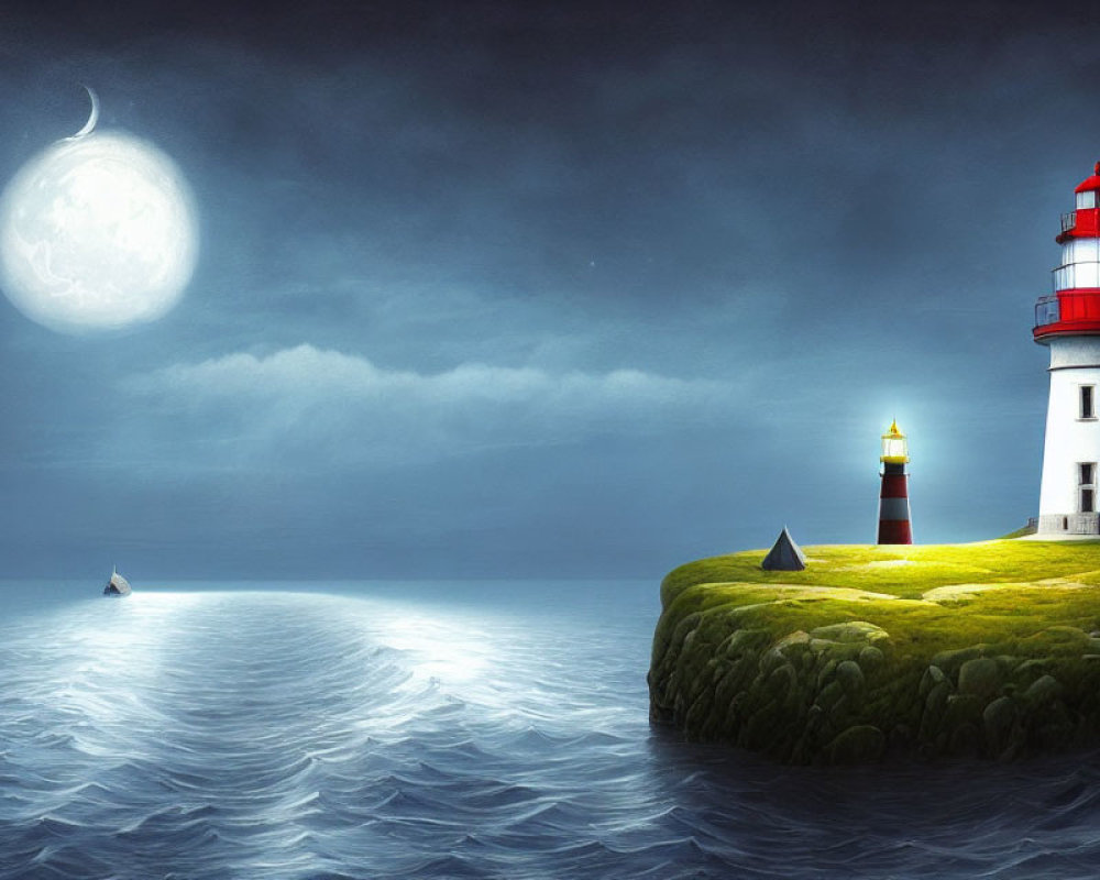 Tranquil ocean night with full moon, lighthouse, and sailing boat