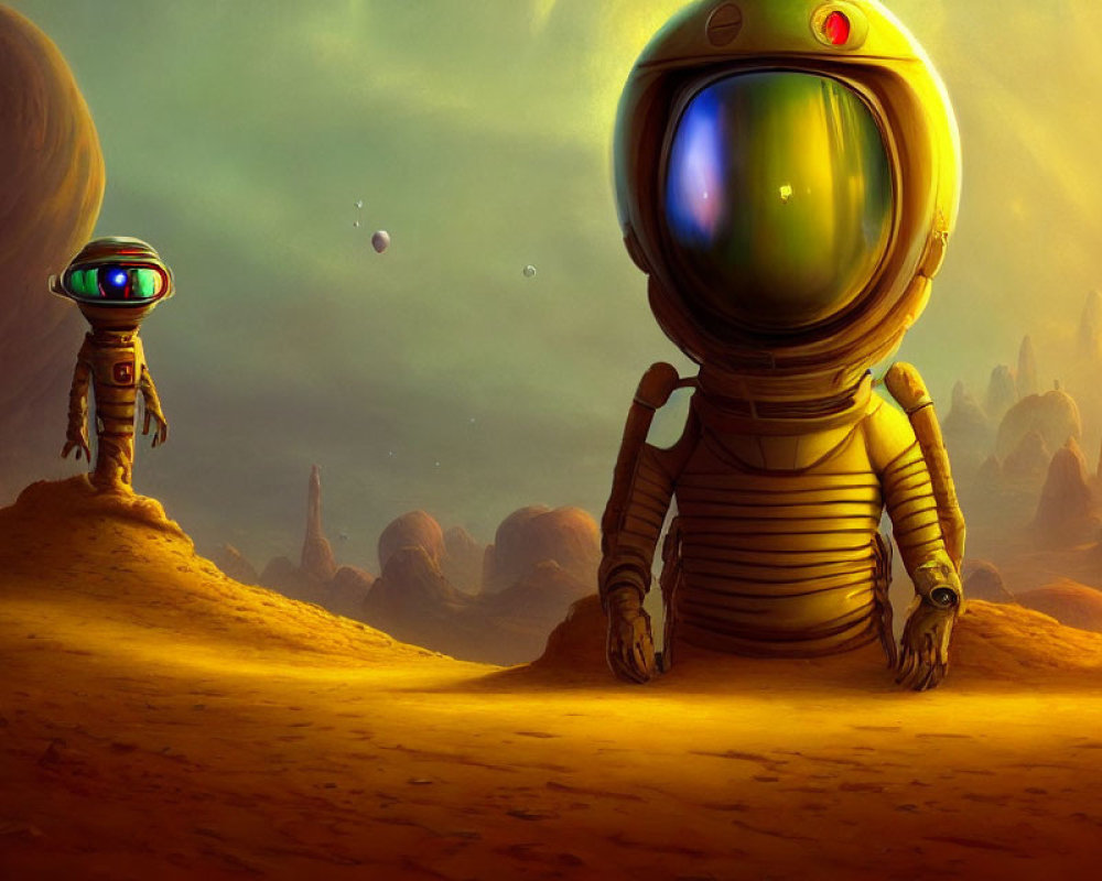 Stylized astronauts on rocky alien landscape with oversized helmets