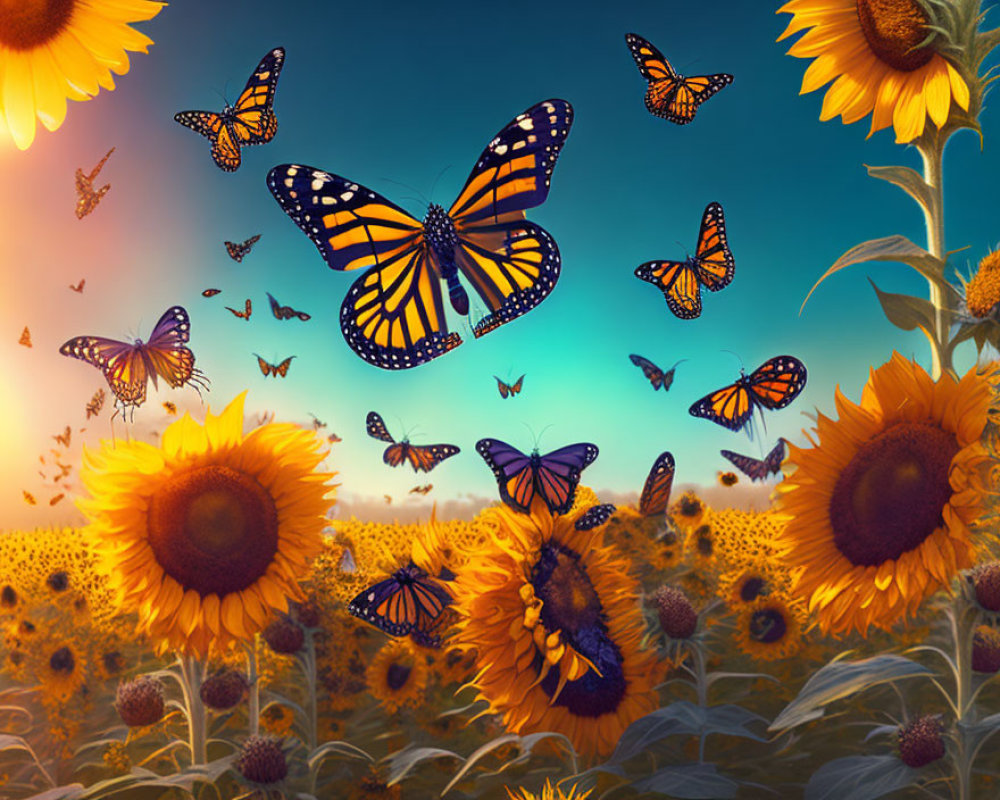 Monarch butterflies in sunflower field at sunset