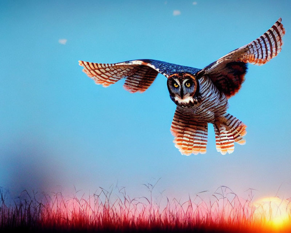 Majestic owl soaring in twilight sky over tall grass at sunrise