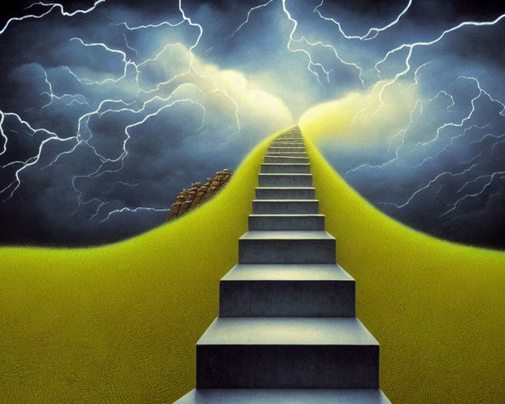 Surreal staircase under stormy sky in textured yellow field