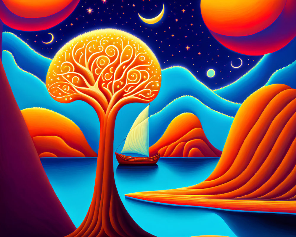 Surreal orange tree landscape under starry sky & sailboat on blue waters