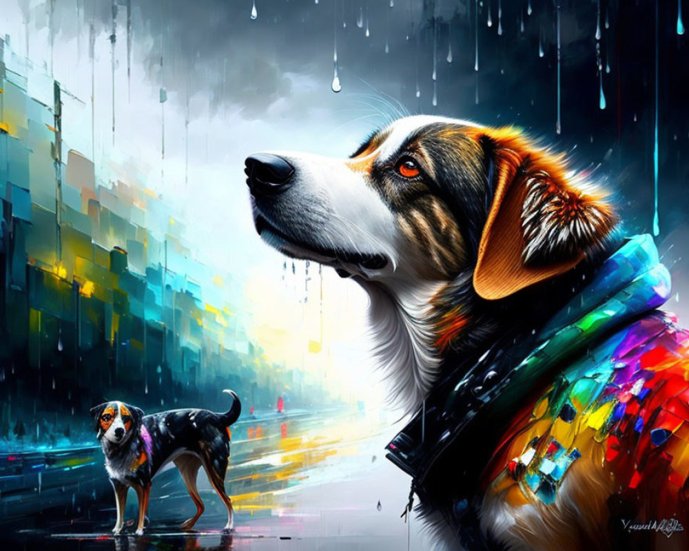 Vibrant digital artwork: Dog in scarf, rain-soaked city street