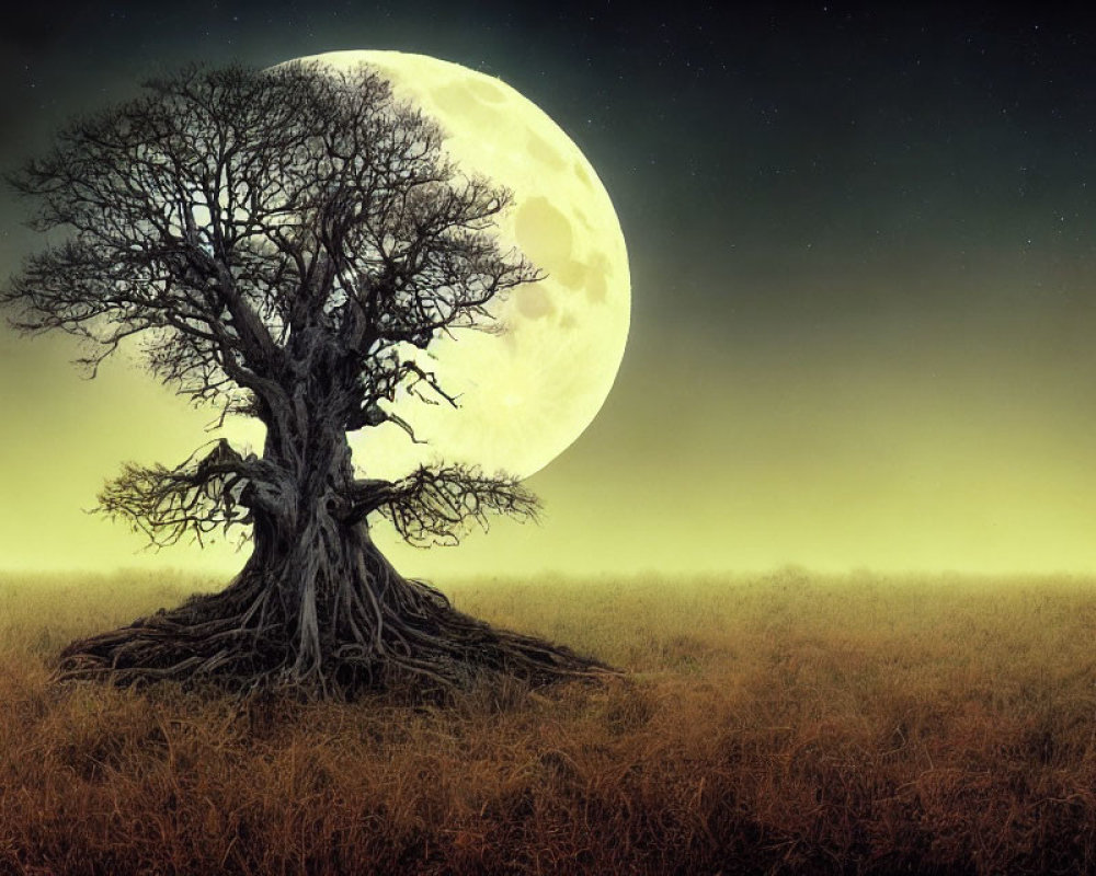 Gnarled tree under full moon in starry sky with golden field