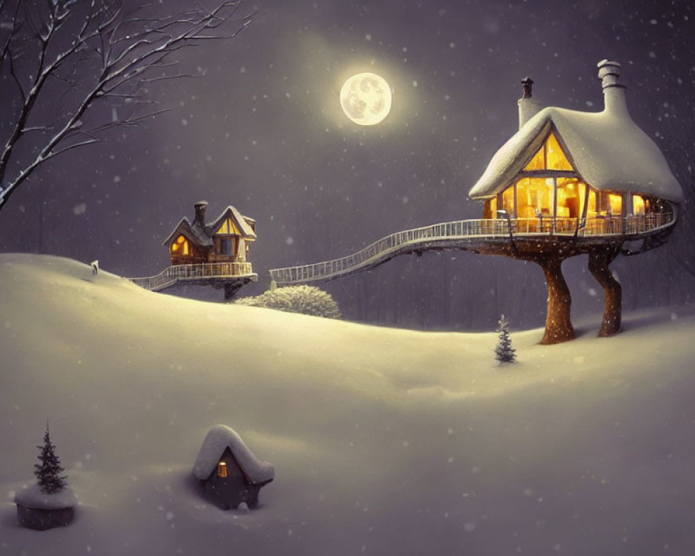 Unique Stilted House in Snowy Landscape with Full Moon