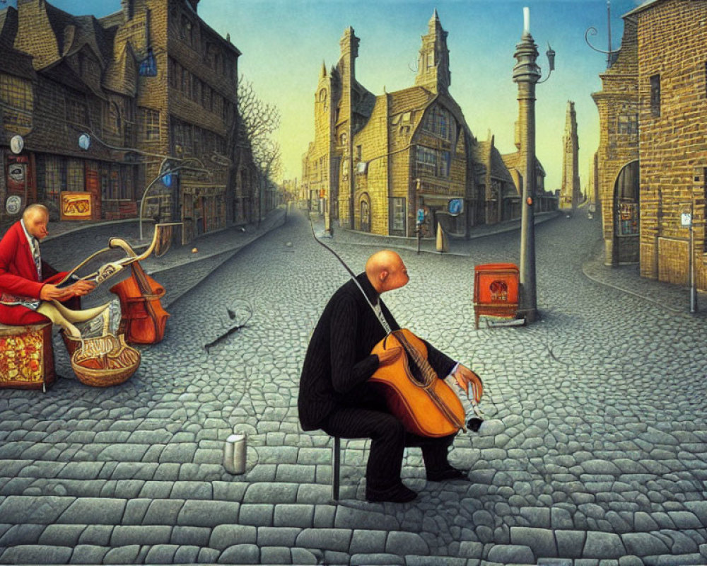 Street musicians play cello and drums on cobblestone street with historic buildings under gloomy sky