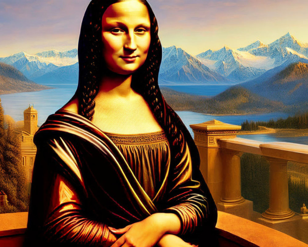 Digital art: Mona Lisa portrait merged with mountain landscape